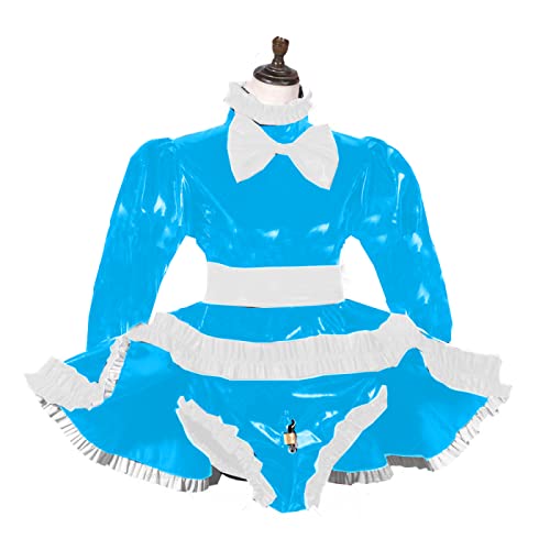 Langärmeliges Kleid aus PVC-Hosenkleid, abschließbares Outfit, glänzend, Seeblau, 7XL