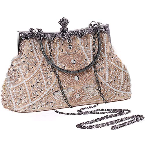 Coucoland Perlen Clutch Damen 1920s Handtasche Abend Party Geldbeutel Elegante Abschlussball Handtaschen Hochzeit Braut Zubehör (Beige)