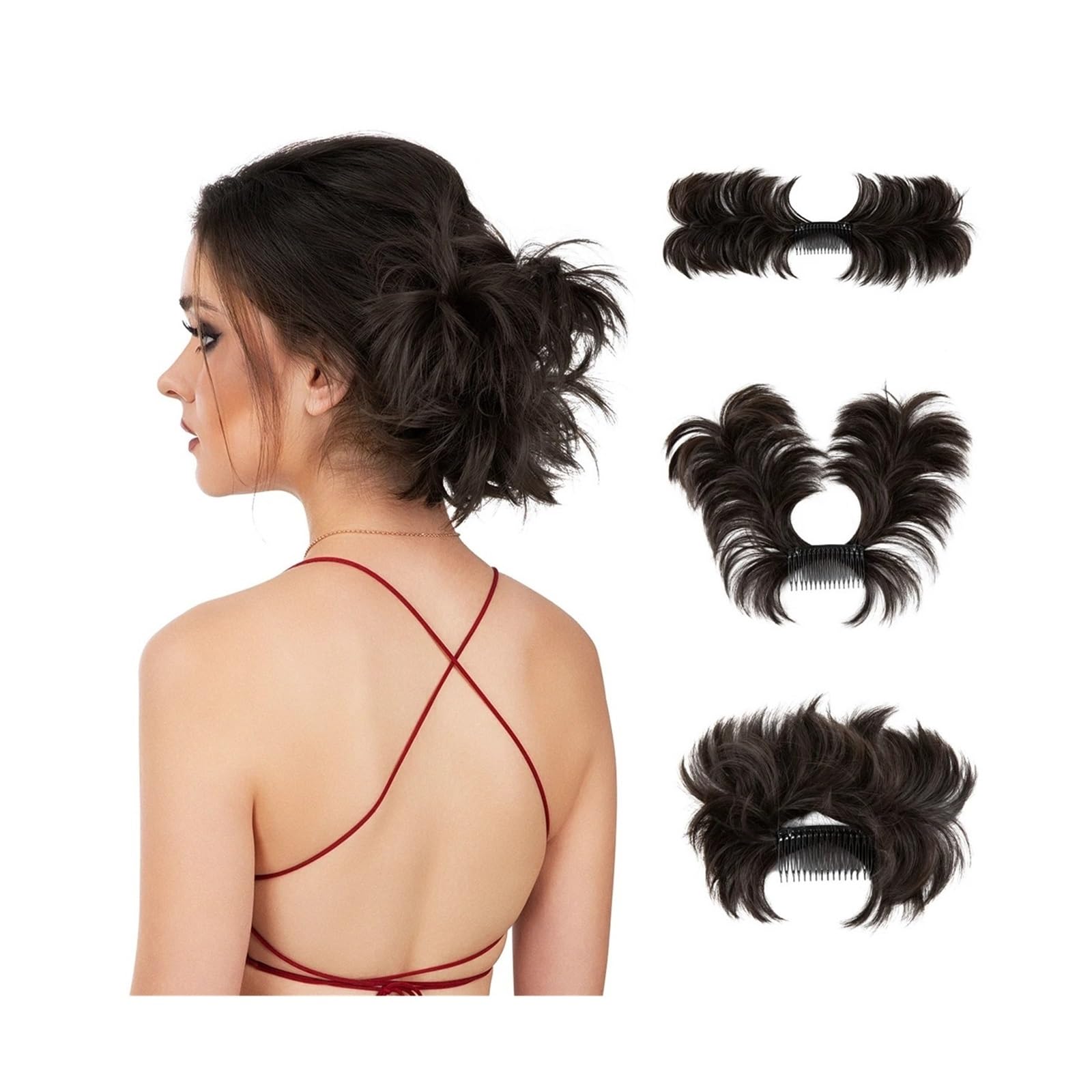 Haarteile Haarknoten Clip-In-Haarteile, Donut-Hochsteckfrisur, Kunsthaar-Dutt-Extensions, unordentliches lockiges Haar, Chignon, Haargummis, Haarteile for Frauen Brötchen Haare(Black brown)