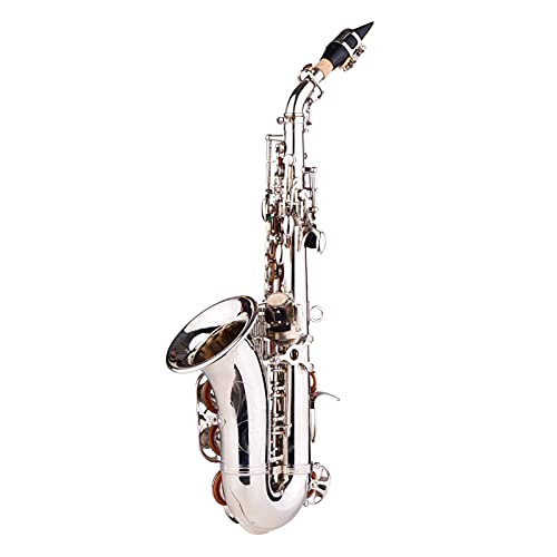 Messing Gold Und Silber Sax Carve Muster BB Biegung Althorn Sopran Saxophon Sax Pearl White Shell Buttons Wind Instrumente (Color : Silver)