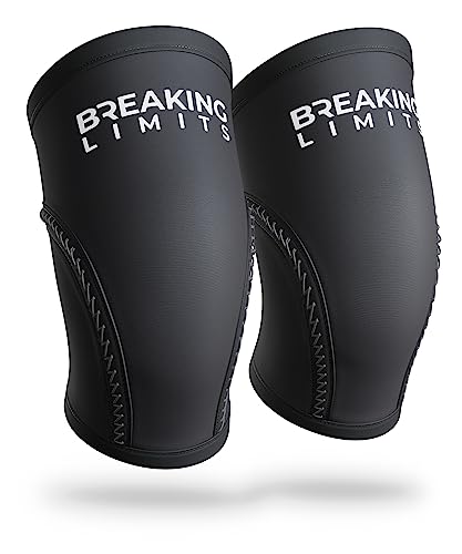 BREAKING LIMITS Kniebandagen - Kniestütze, Kniebandage für Kraftsport, Gym - Atmungsaktive Kompressionsbandage gegen Knieschmerzen/Gelenkschmerzen, aus 7 mm Neopren - 6 Größen, Schwarz/Weiß (XXL)