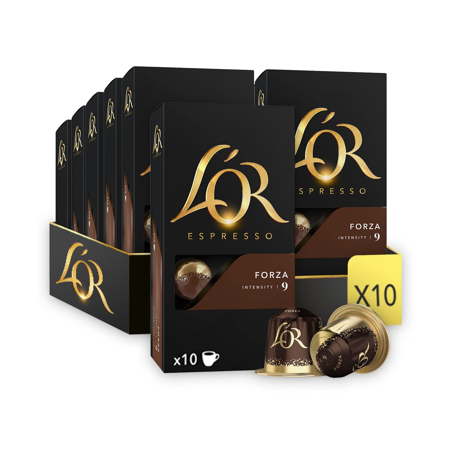 L'OR Espresso Kaffee Forza Intensität 9 - Nespresso®* kompatible Kaffeekapseln aus Aluminium - 10 Packungen mit 10 Kapseln (100 Getränke)