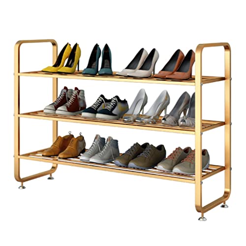 YIHANSS Schuhregal, einfache Schuhregale, 3-stufiger Schuhregal-Organizer, modernes Schuhregal aus Metall, goldenes kleines Schuhregal mit verstellbaren Fußpolstern, freistehende Schuhregale,