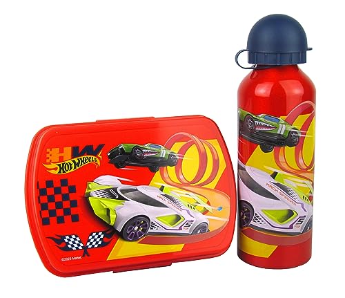 Lentz Kinder Frühstücks-Set - verschieden Motive - Kunststoff Brotdose 20 x 8 x 5,5cm inkl. Metall Trinkflasche 500ml (Hot Wheels)