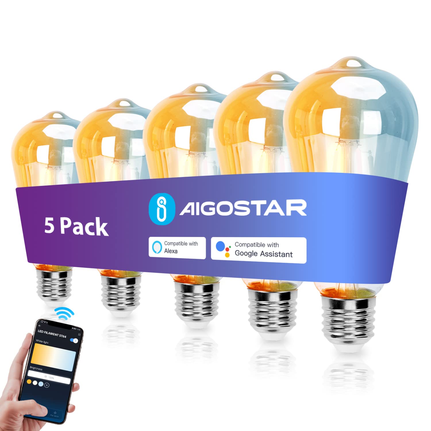 Aigostar Alexa Glühbirne E27 Edison Glühbirne 6W 805LM Dimmbare Retroglühbirnen ST64 Smart Lampe Wlan Dimmbar 2700K-6500K App Steuern Kompatibel mit Alexa und Google Assistant. Gold 5 Stück