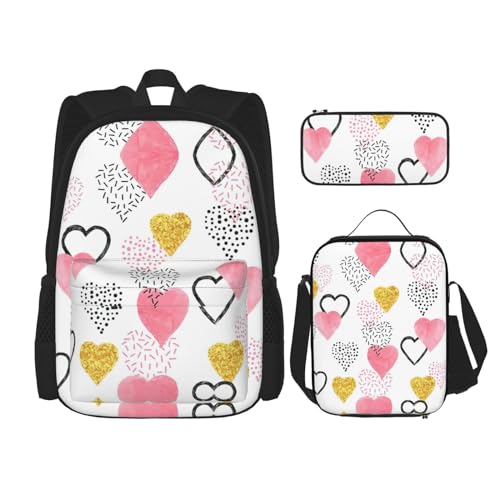 WURTON Schulrucksack-Set 3-in-1 mit Brotdose, Federmäppchen, Reise- und Laptop-Tagesrucksack, goldfarben / Rosa