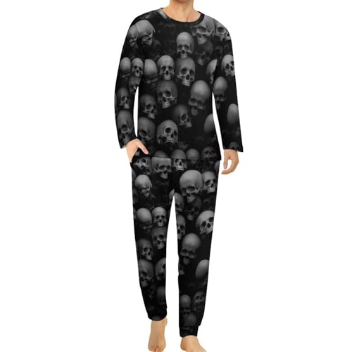 HABXNJF Herren Schlafanzug mit Rundhalsausschnitt, schwarzer Totenkopf-Pyjama für Männer, Herren-Pyjama mit Taschen, Totenkopfkopf, XXXL