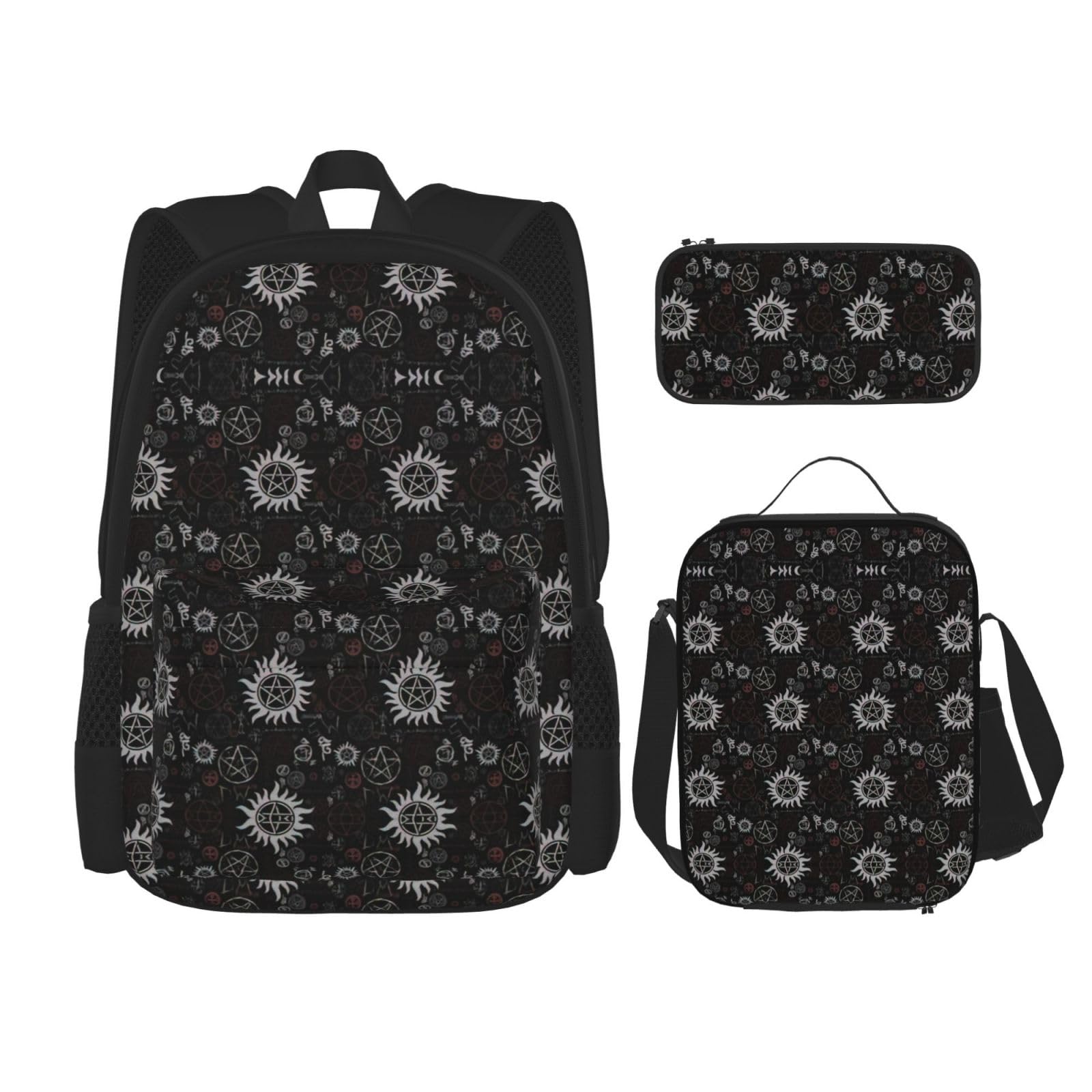 WURTON Übernatürliche Symbole Schwarz Print Lunchbox Federmäppchen, Rucksack Set 3 Stück verstellbare Streifen dauerhafte Leicht, Schwarz, One Size, sc schwarz, One Size