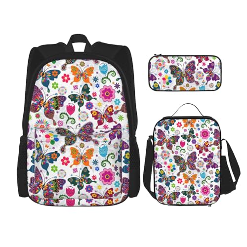 WURTON Frühlingsblumen-Schmetterlings-Druck, Reise-Lunchbox, Federmäppchen, Rucksack-Set, 3-teilig, verstellbare Riemen, leicht, Schwarz, Einheitsgröße