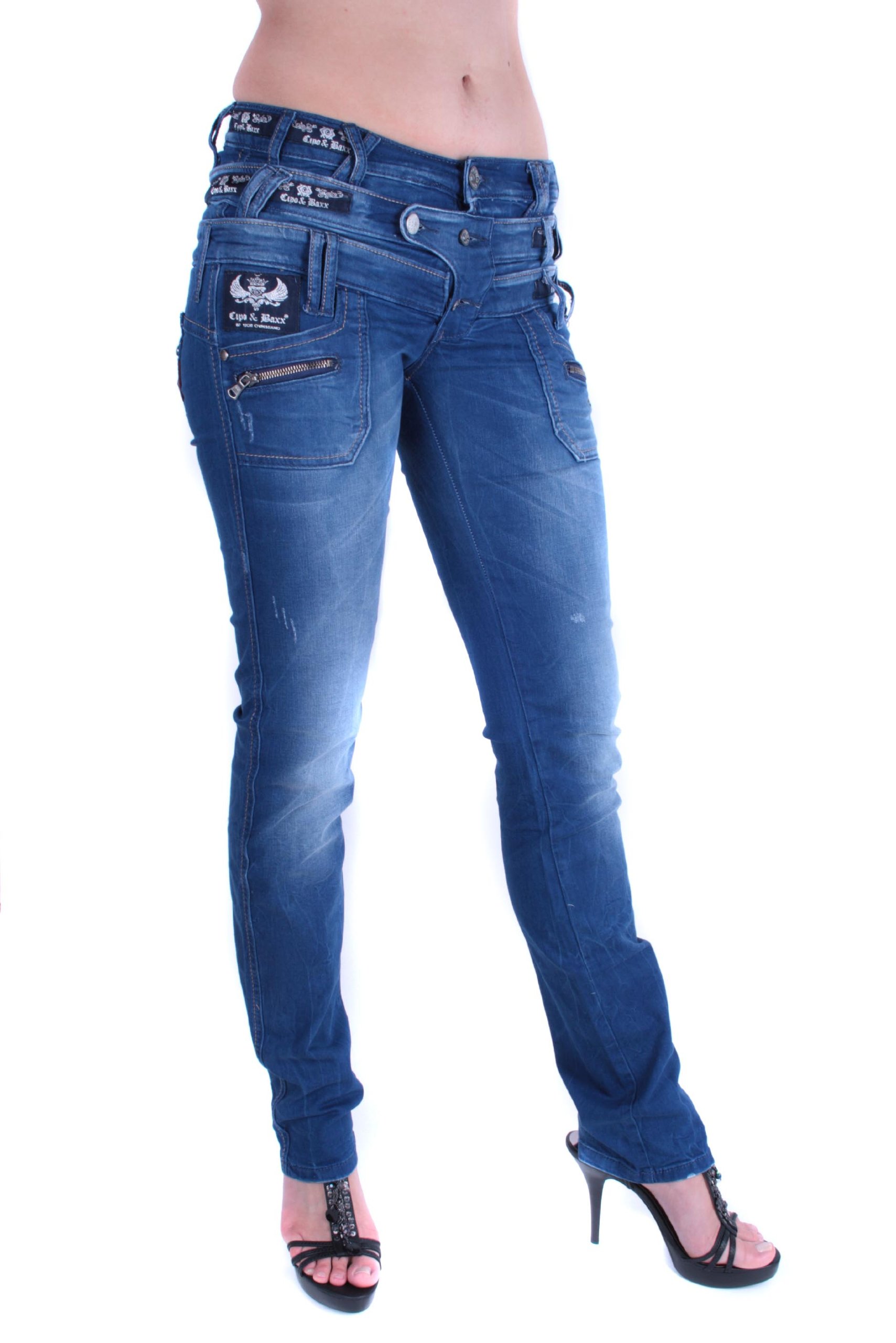 Cipo & Baxx Damen Jeans Hose Slim Fit Dreifachbund Used Straight Fit Denim Patches Pants CBW-0282 Blau W28 L34