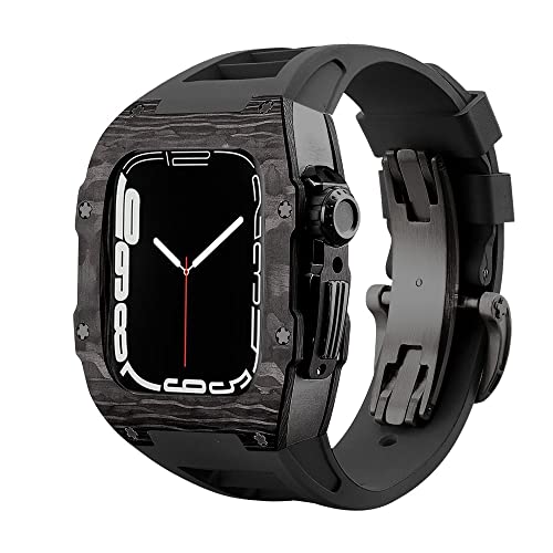 KANUZ Luxuriöses Kohlefaser-Gehäuseband-Set für Apple Watch 8, 7, 45 mm, 6, 5, 4 SE, 44 mm, Gummiband, DIY-Modifikationsset für iWatch 44 mm, 45 mm (Farbe: Schwarz / Schwarz, Größe: 44 mm)