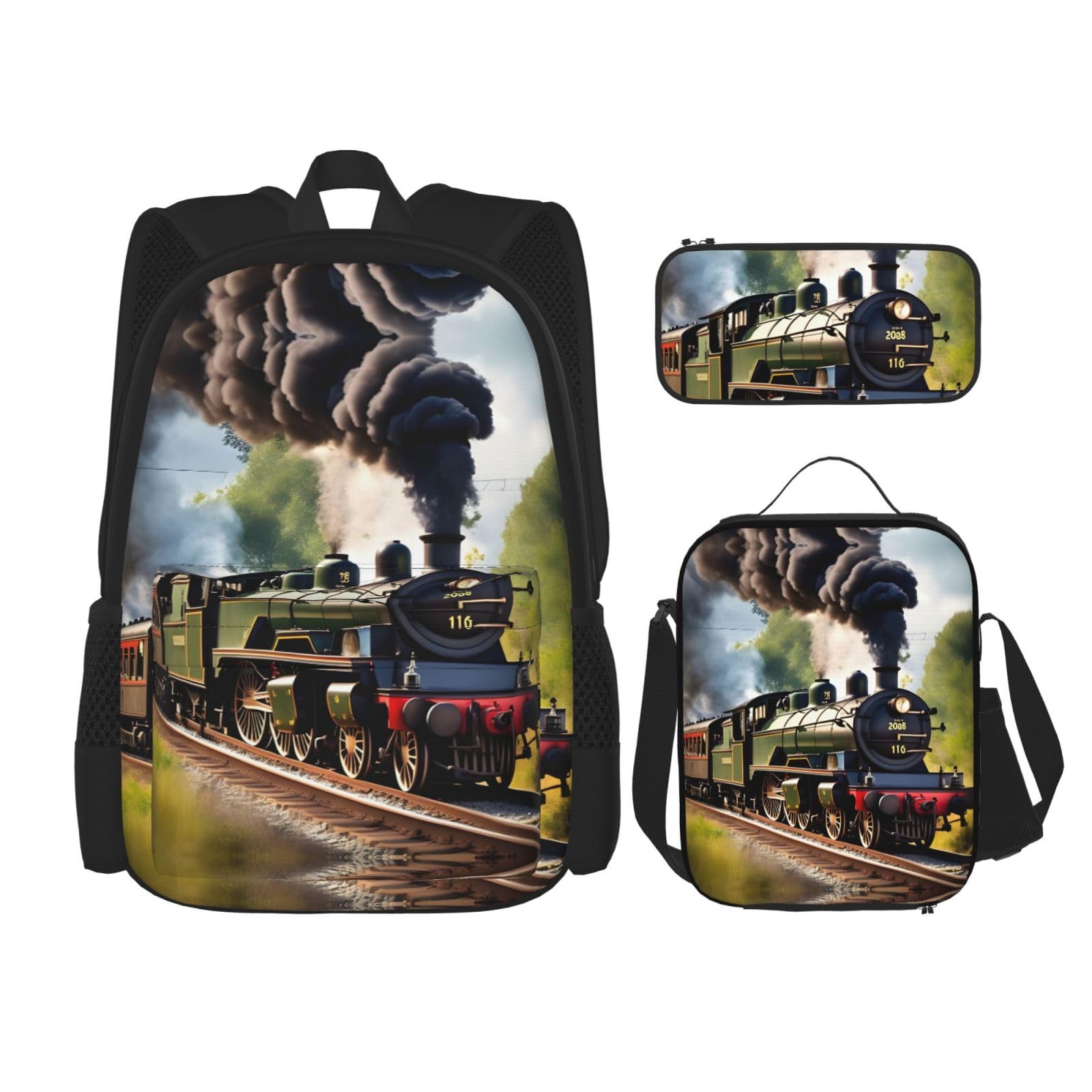 WURTON Steam Little Train Print Travel Lunch Box Federmäppchen Rucksack Set 3 Stück Verstellbare Träger Leicht, Schwarz, Einheitsgröße