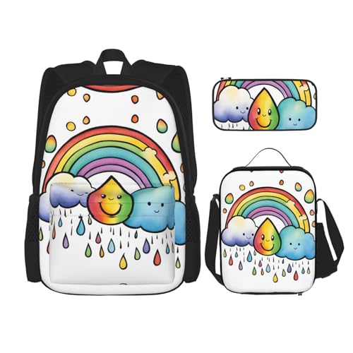 YQxwJL 3-in-1-Rucksack-Büchertaschen-Set, Halloween, niedlicher Kürbisdruck, lässiger Reiserucksack, mit Federmäppchen, Lunchtasche, Rainbow Clouds Raindrop 1, Einheitsgröße