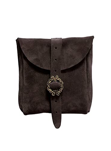 Andracor Mittelalter LARP Zubehör kleine Veloursleder Gürteltasche aus echtem Leder - Dunkelbraun - 10x10cm