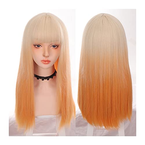 Perücke für Frauen Lange Perücke mit glattem Haar, blonde orange Ombre-Perücke mit Pony, gerade, bunte natürliche Perücke, tägliche Cosplay-Perücken, synthetische hitzebeständige Perücken Human Hair W