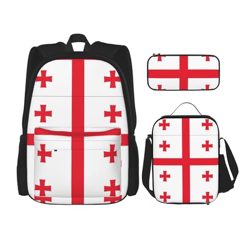 WURTON Schulterrucksack, Motiv: Flagge von Georgia, 3-in-1, Büchertaschen-Set, Lunchbox, Federmäppchen, Reise-Laptop-Tagesrucksäcke, Schwarz, Einheitsgröße