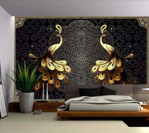 Schwarzer Und Goldener Pfau 3D Tapete Poster Restaurant Schlafzimmer Wohnzimmer Sofa TV Dekorative Wand-150cm×105cm