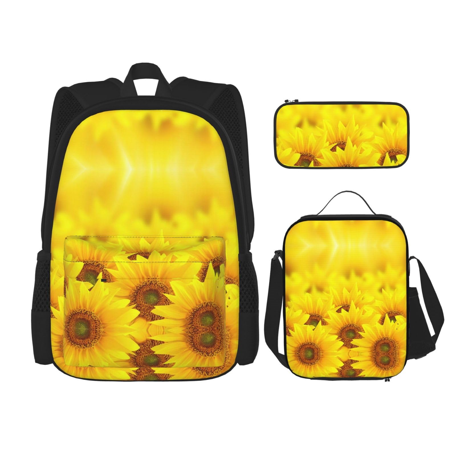 WURTON Gelber Sonnenblumen-Druck, 3-in-1-Sets, lässig, verstellbar, Schulter-Rucksack, Lunch-Tasche, Federmäppchen, Tasche, Schwarz, Einheitsgröße, Schwarz , Einheitsgröße