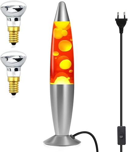 CELLUSTOP Lavalampe mit Wachs – Nachtlicht in Form einer Rakete – Magma-Lampe Retro – 2 Leuchtmittel 25 W im Lieferumfang enthalten – Qualität Aluminium und robustes Glas – 35 cm – 25 W – Rot