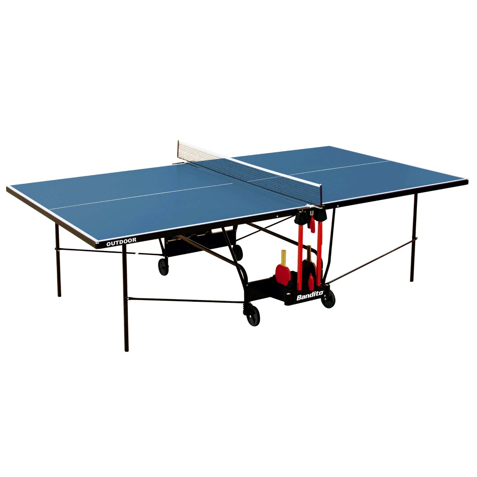 Bandito Tischtennisplatte Outdoor und Indoor, Ping Pong Platte,Wetterfest, Turniermaß, Profi Tischtennistisch für draußen, blau, klappbar, mit Rollen, inklusive Netz, Made in Germany