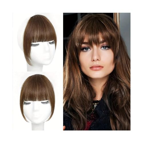 Pony French Style Air Bangs Clip-in-Pony-Schläfen-Haarteile mit Koteletten, glattes Echthaar, tägliches Tragen und spurloses Frisieren Pony Haarspange(Medium Brown)