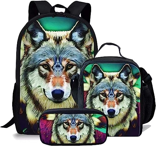 Wolf Schulranzen Set für Jungen Mädchen,3er Pack Schulrucksack Lässiger Tagesrucksack,Grundstufe Kinder Kinder Isolierte Brotdose,Bleistiftetui (A11,12.6inx5.5inx17in)