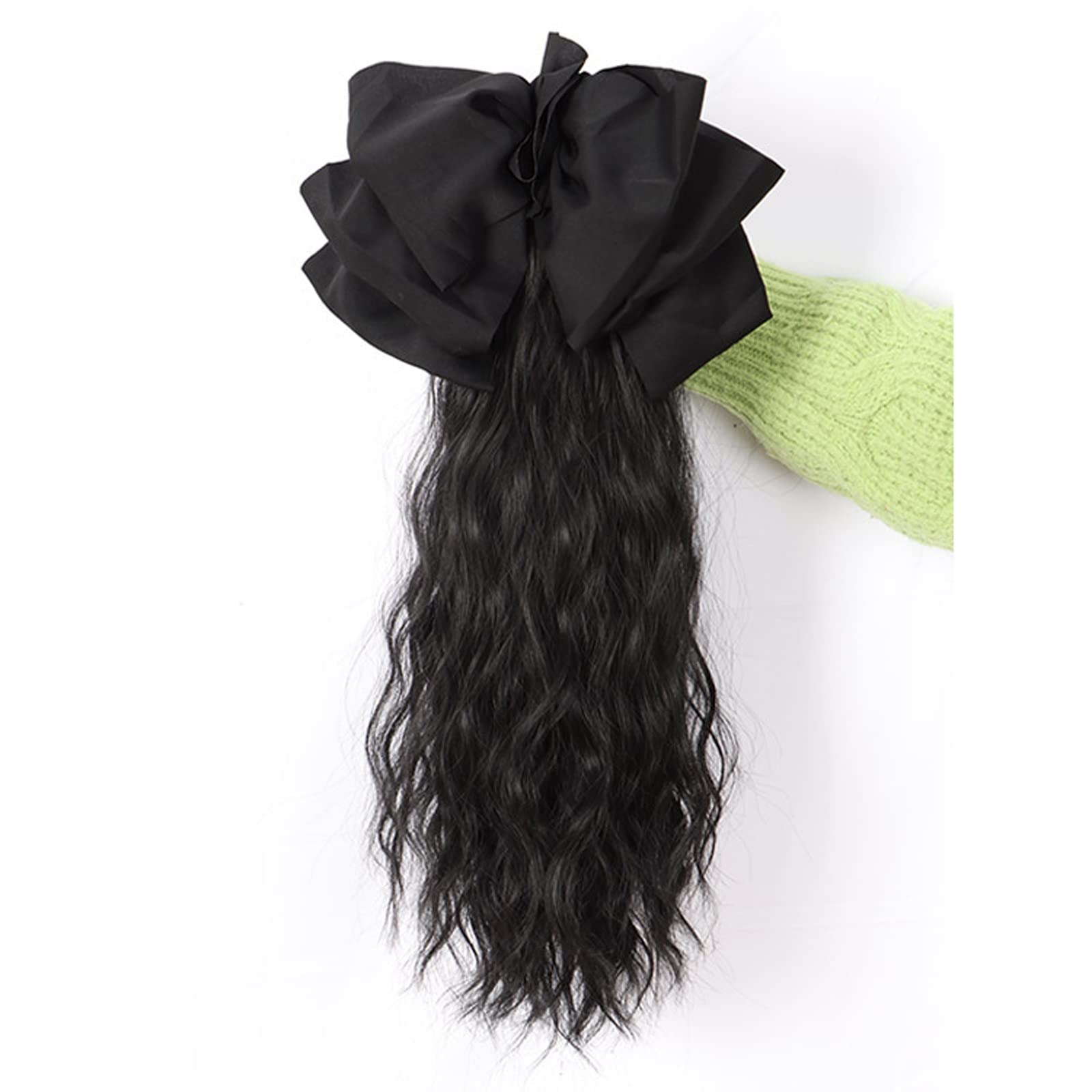 Perücken für Frauen Perücke Pferdeschwanz Schleife Haarschmuck Mädchen Greifclip Wasser Ripple Pferdeschwanz Zopf Hochwertige Perücke für die Tägliche Party Cosplay Tragen(Schwarz,Black bow)