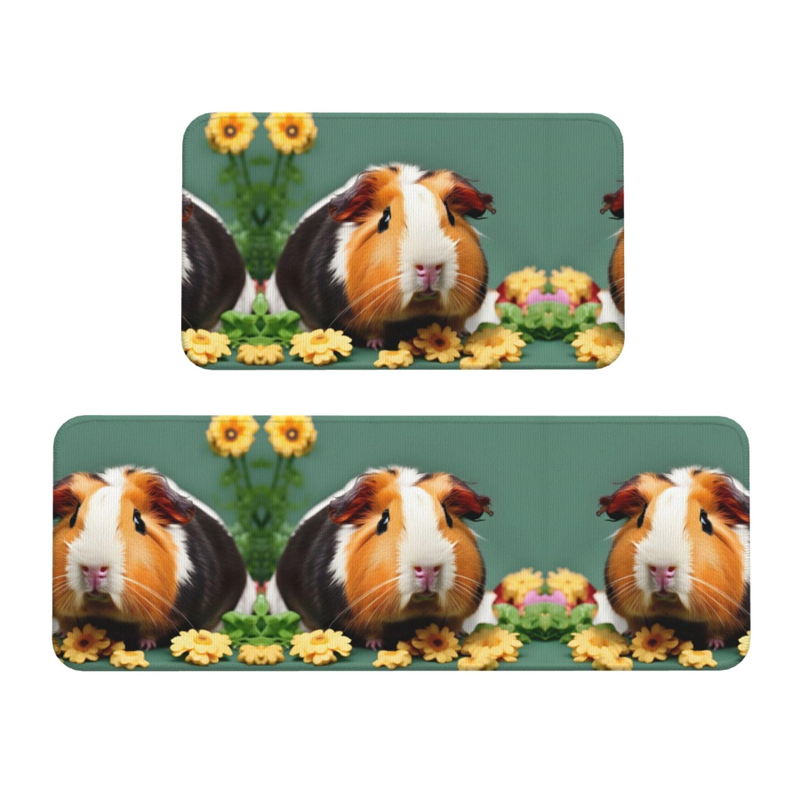 YQxwJL Küchenteppiche mit Blumenmotiv und Meerschweinchen-Druck, rutschfeste Küchenmatte, 2er-Set, bequeme Stehmatten für Küche, Büro