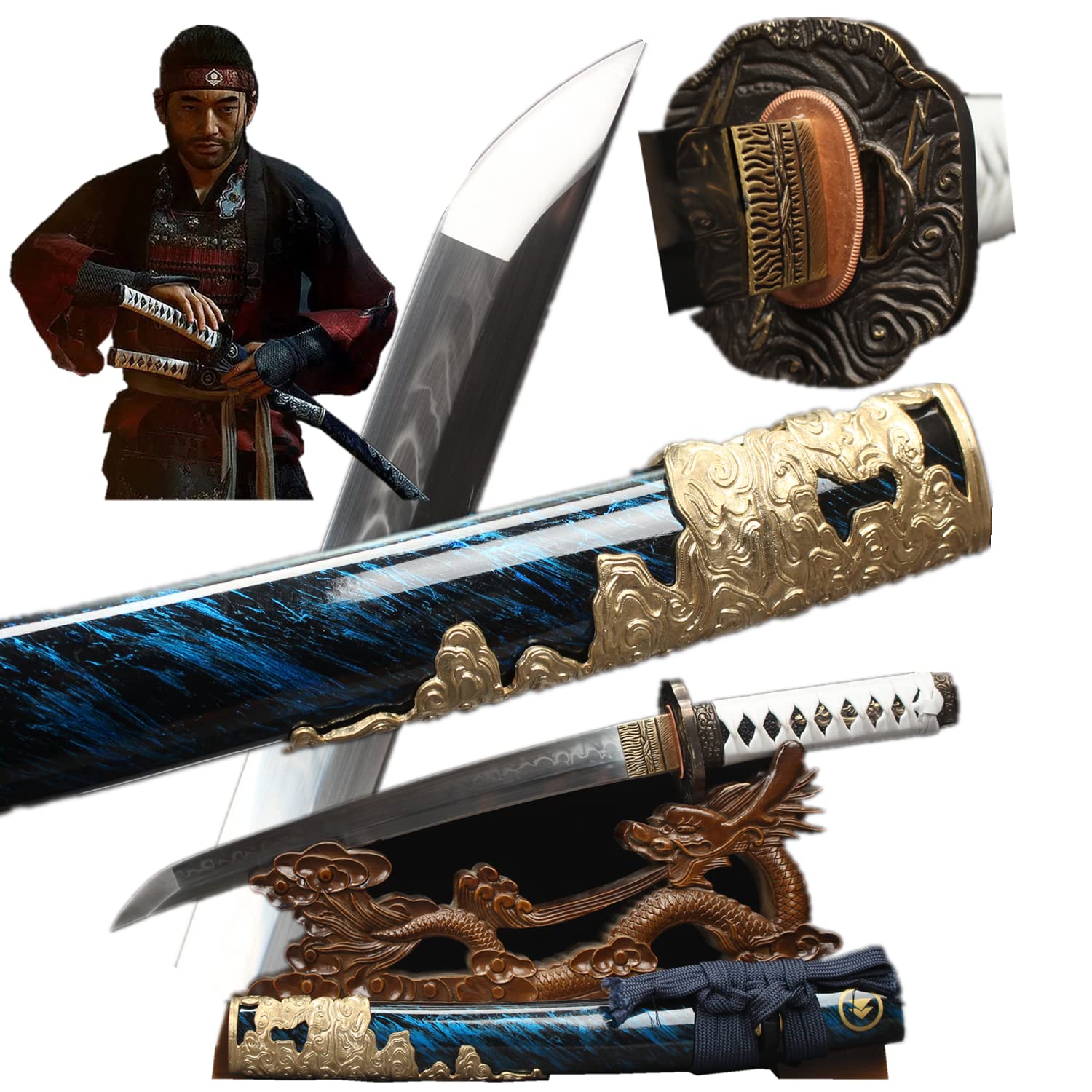 LQSMX sword Ghost of Tsushima Cosplay Replica Schwert,EIN Satz echter Samuraischwirter Handgeschnitztes Zubehör T10 brennende Klinge (20im Samurai Schwert)