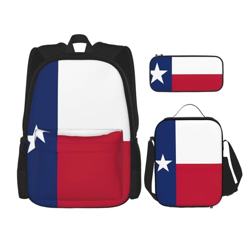 WURTON Rucksack-Set, Motiv: Flagge von Texas, verstellbare Schultergurte, Lunch-Tasche, Federmäppchen, Kombinationstaschen-Set