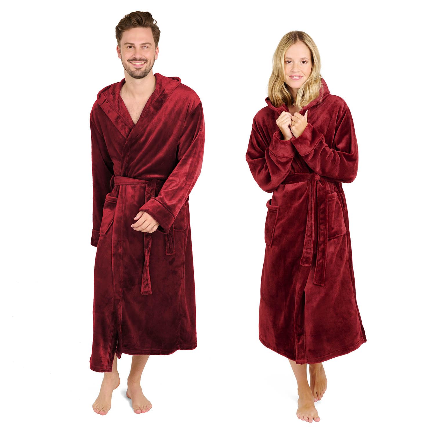 Blumtal Bademantel Damen und Herren - kuschelig weicher Fleece Bademantel mit Kapuze & praktischen Fronttaschen, Oeko-TEX® Zertifiziert, Größe XXXL, Farbe Dunkelrot