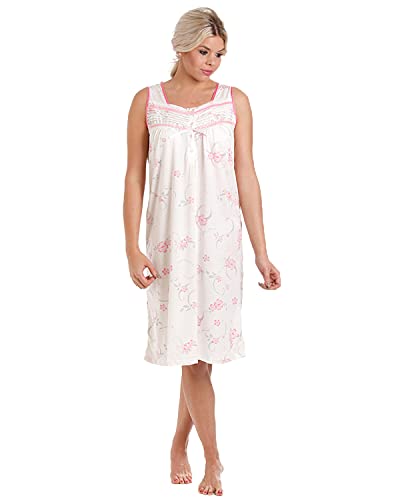 DAMEN LADY OLGA Trikot baumwollreich Blumenmuster ärmellos Nachtwäsche 0103 Nachthemd - Rosa, 10 / 12