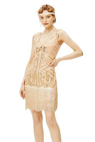 BABEYOND Damen flapper kleider der 1920er jahre mit v-ausschnitt perlen gesäumt great gatsby kleid Champagne & Gold Small