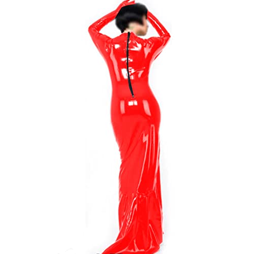 Hoher Ausschnitt Langarm Leder PVC Abendkleider Rückenfrei Partykleider Damen Bademäntel Vestidos,Rot,XXL