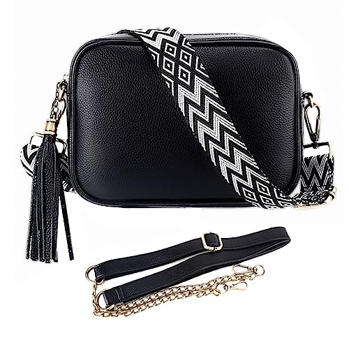 Leathario Crossbody Bag Damen Klein Umhängetasche Echtleder Crossbag Schultertasche Schwarz zur Arbeit Shopping Freizeit