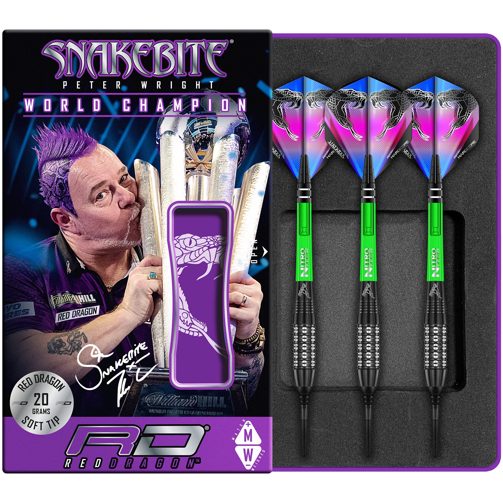 Peter Wright Snakebite Black Strike 18g Fassgewicht, 20g Gesamtgewicht Softip Tungsten Darts mit Flights und Schäfte