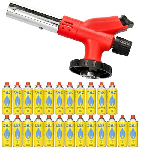 Z.M.C Gasbrenner 1,0kW + 24 Gaskartuschen 227g, Flambierbrenner bis zu 1300°C, Bunsenbrenner Lötbrenner, Küchenbrenner mit einstellbare Flamme, Brenneraufsatz