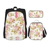 WURTON Schöner Rucksack mit Blumenmuster, Lunchbox, Federmäppchen, 3-in-1, verstellbares Rucksack-Set, Schwarz , Einheitsgröße