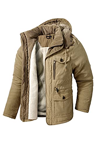 Mr.Stream Herren Winterjacke viele Taschen Mantel Fleecefutter schützendem Innenfutter Wärmejacke Lange Jacke Parka M Khaki