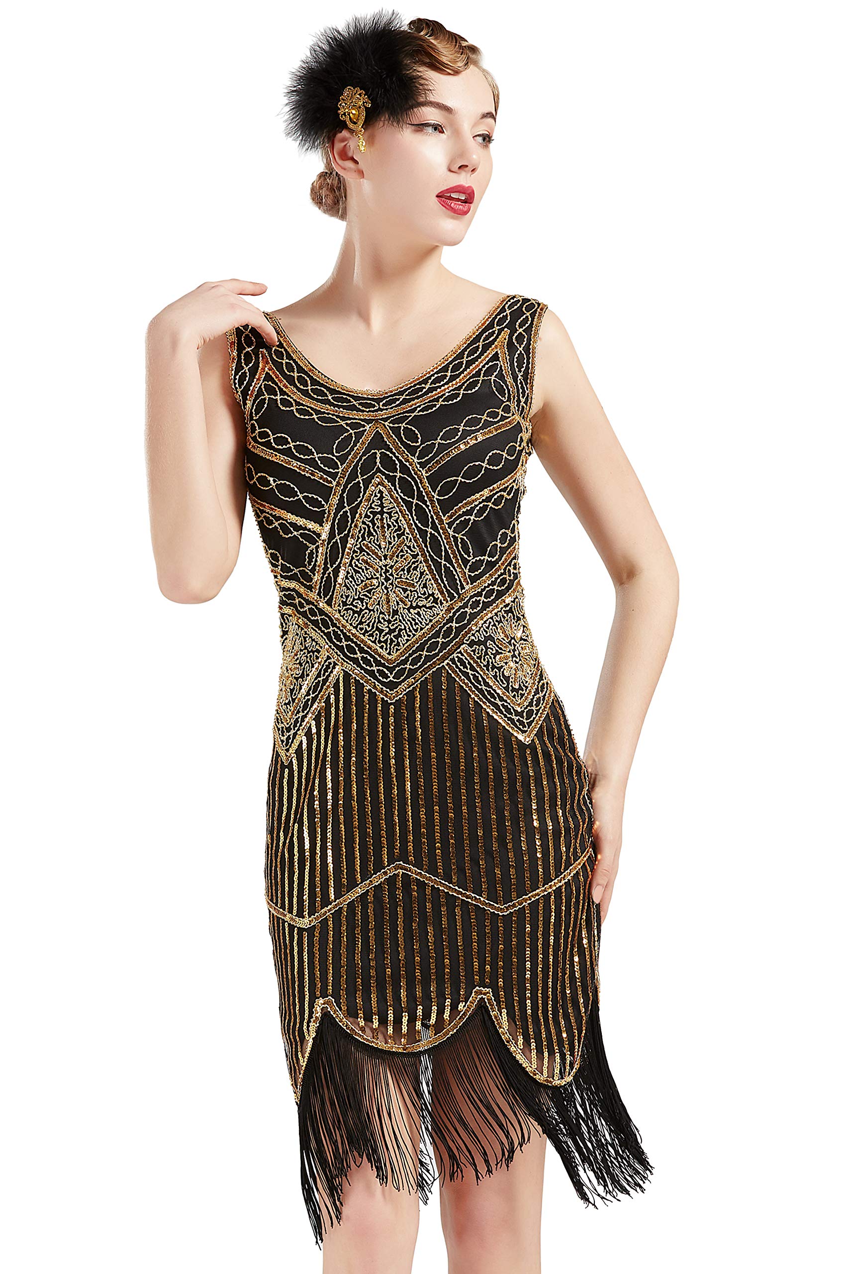 BABEYOND Damen Pailletten 1920s Kleid Flapper Charleston Kleid V Ausschnitt Great Gatsby Motto Party Damen Fasching Kostüm Kleid (SchwarzGold L)