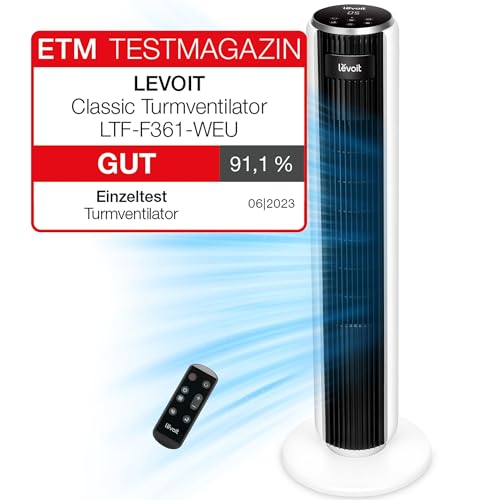 LEVOIT 28dB leiser Turmventilator mit Fortschrittlichem Schlafmodus, 7m/s Ventilator mit Fernbedienung, 90° Oszillation Tower Fan, 4 Modi 5 Geschwindigkeiten, 12-Std.-Timer, Turmventilator mit Kühlung