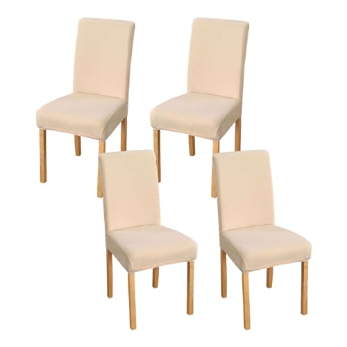 JHLD Stretch Stuhlhussen 4er Set, Stuhlbezug Samt Weiche Stuhlhussen Für Esszimmerstühle Abnehmbare Waschbar Für Hotel Bankett-Beige-4 Stück