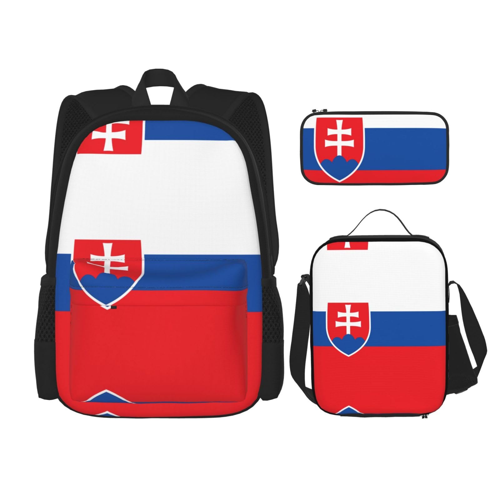 WURTON 3-in-1 Büchertaschen-Set, Motiv: Flagge der Republik Usbekistan, verstellbarer Schulter-Rucksack, Lunch-Tasche, Federmäppchen, Beutelbox, Flagge der Slowakei, Einheitsgröße