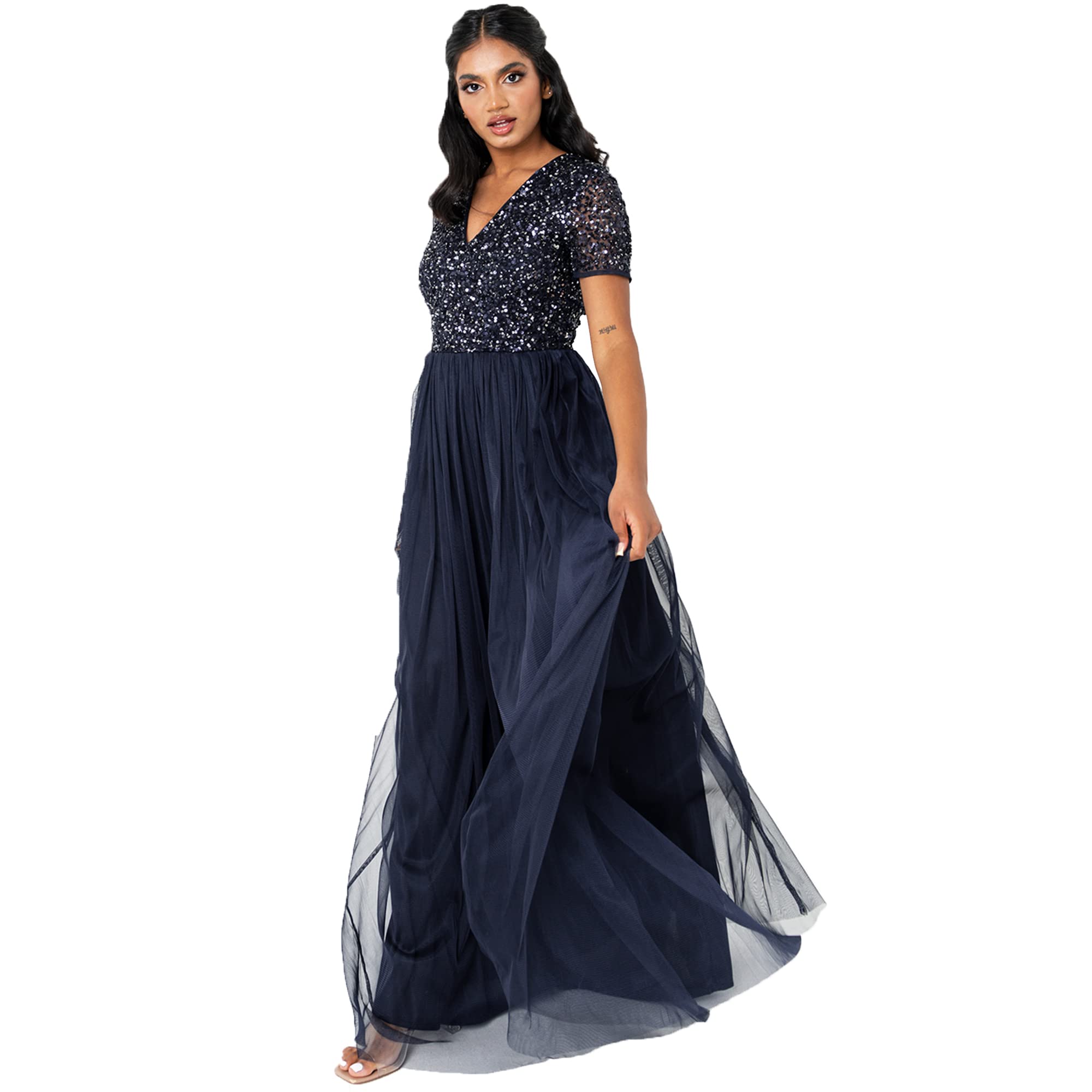 Maya Deluxe Abendkleid mit Pailletten Cocktailkleid Damen mit V-Ausschnitt Tüllkleid Marine Größe 48