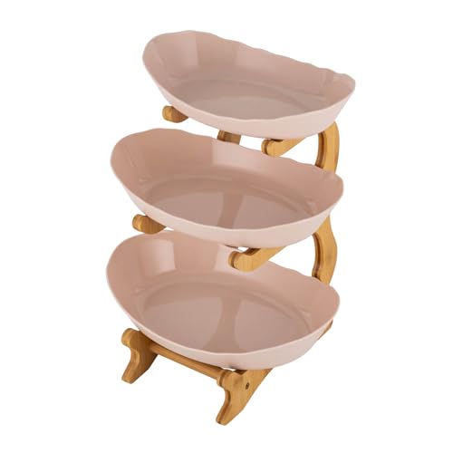 Fyssnn Obst Etagere 3 Stöckig Obstschale mit Bambusholzständer 3-Tier Servierschalen mit Ständer Geeignet zum Ablegen von Obst Süßigkeiten Desserts usw (Beige)