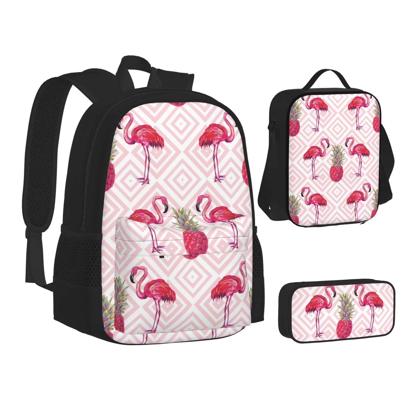 WURTON Rosa Flamingo Ananas Print Teen Rucksack Set von 3 in 1 (Federmäppchen + Schultasche + Lunchtasche Kombination)