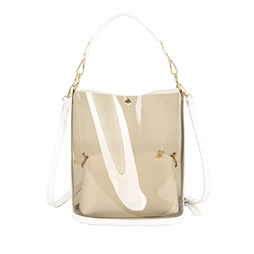 ohodhmnu Damen Tragetasche, Vintage 2 in 1 Tasche Clear Bag Bucket Bag Semi Clear Jelly Bag Schultertasche für Frau Schwestern, weiß, no flower