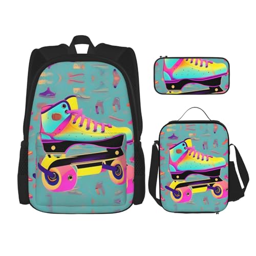 WURTON Bunte Rollschuh-Druck, Reise-Lunchbox, Federmäppchen, Rucksack-Set, 3-teilig, verstellbare Riemen, leicht, Schwarz, Einheitsgröße