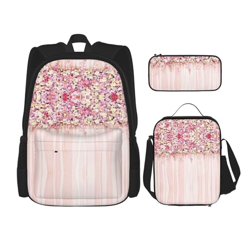 WURTON Rucksack-Set mit verstellbaren Schulterriemen, Motiv: Blumenwand, rosa Rosenmuster, Lunch-Tasche, Federmäppchen, Kombinationstaschen-Set