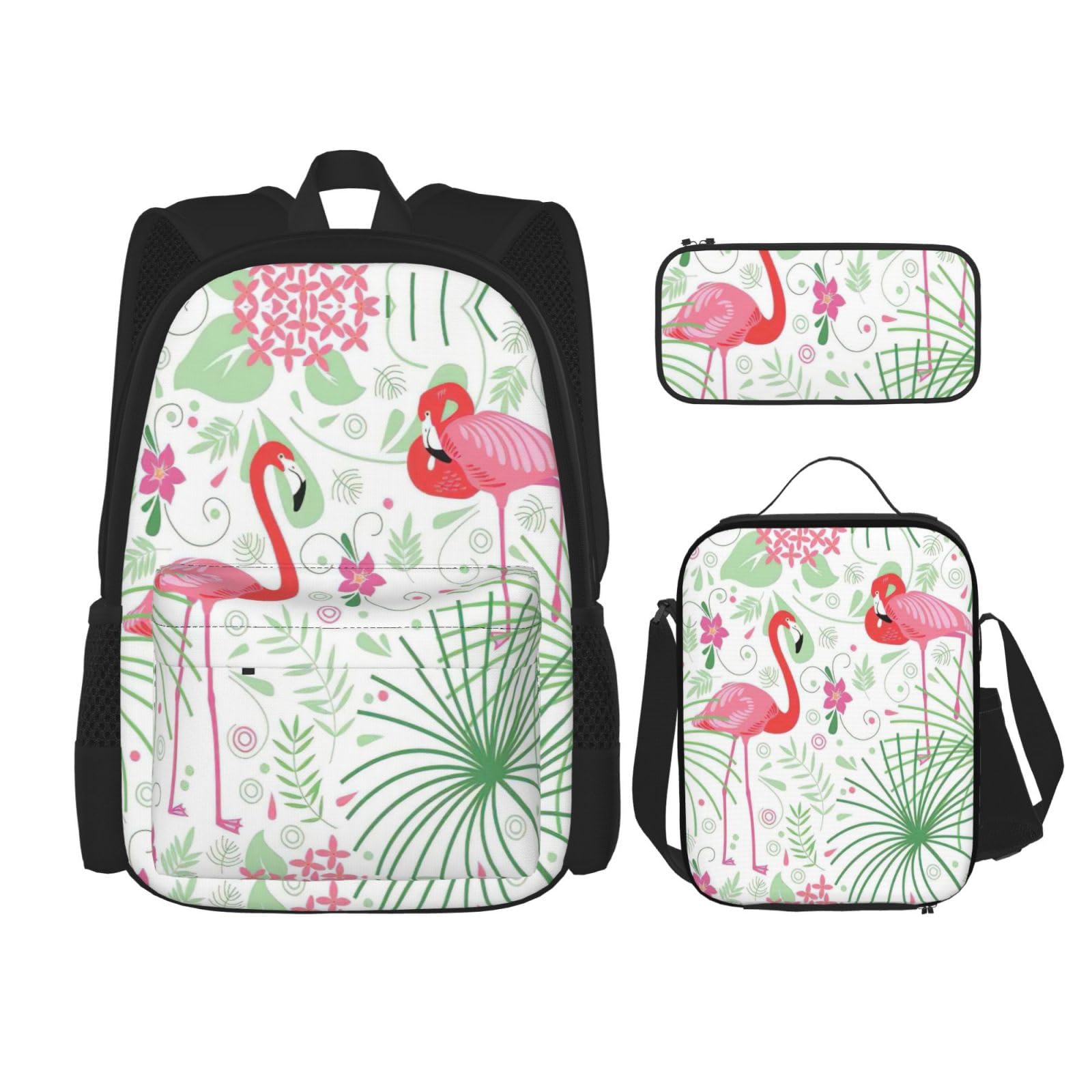 WURTON Trendiger Rucksack, Lunchbox, Federmäppchen, 3-in-1, verstellbarer Rucksack, Motiv: Flamingo, Botanik, Blumenmuster, Schwarz , Einheitsgröße